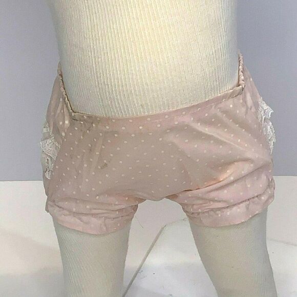 Vintage Newborn Babydoll Bloomers Set Pink Swiss Dot Lace Ruffles Buttons Bow - Picture 8 of 9
